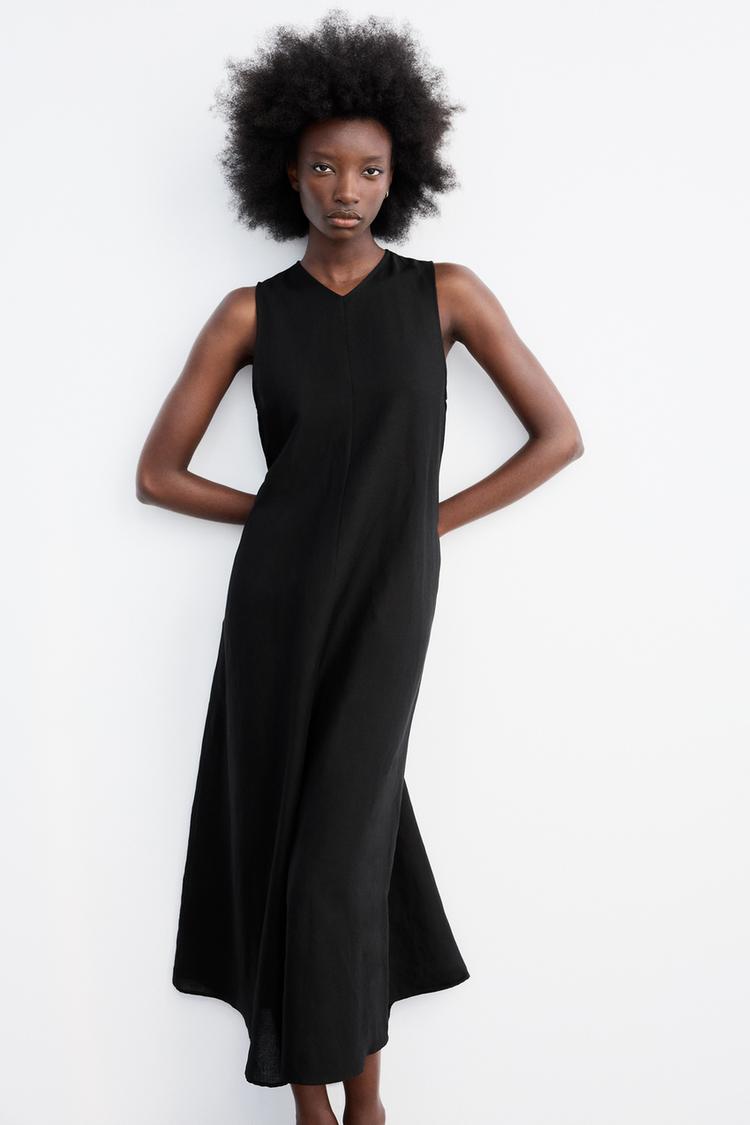 LINEN BLEND VOLUMINOUS DRESS Black ZARA United States